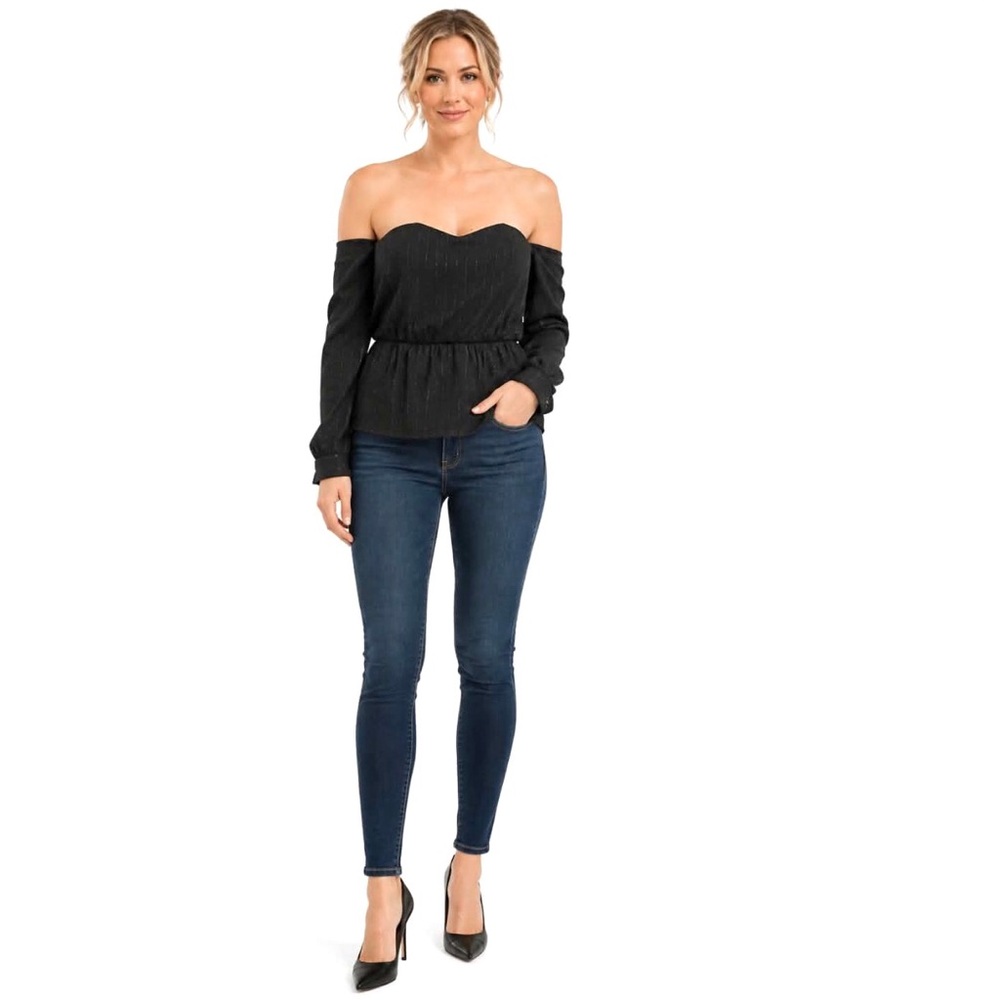 Stitch Fix Top En Elly Strapless Metallic Peplum Off Shoulder Cocktail Blouse